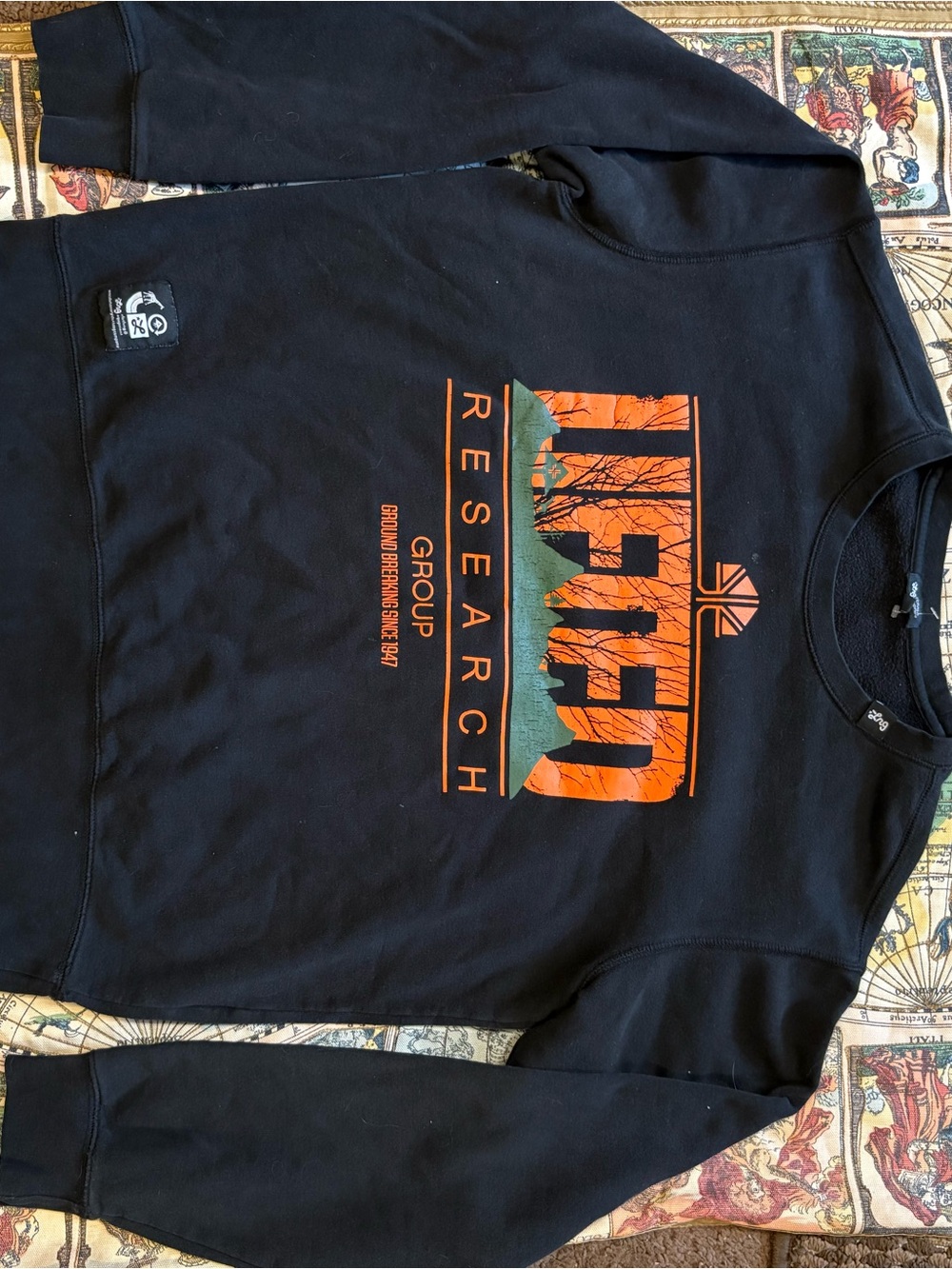 Outdoor Research Black Sweatshirt with Orange and Teal Mountain Graphic